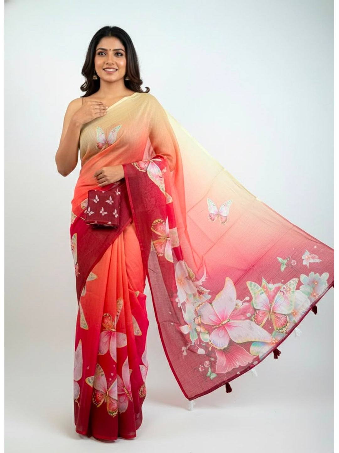 Peachmode Red Soft Linen Saree with butterfly floral print - Image 3
