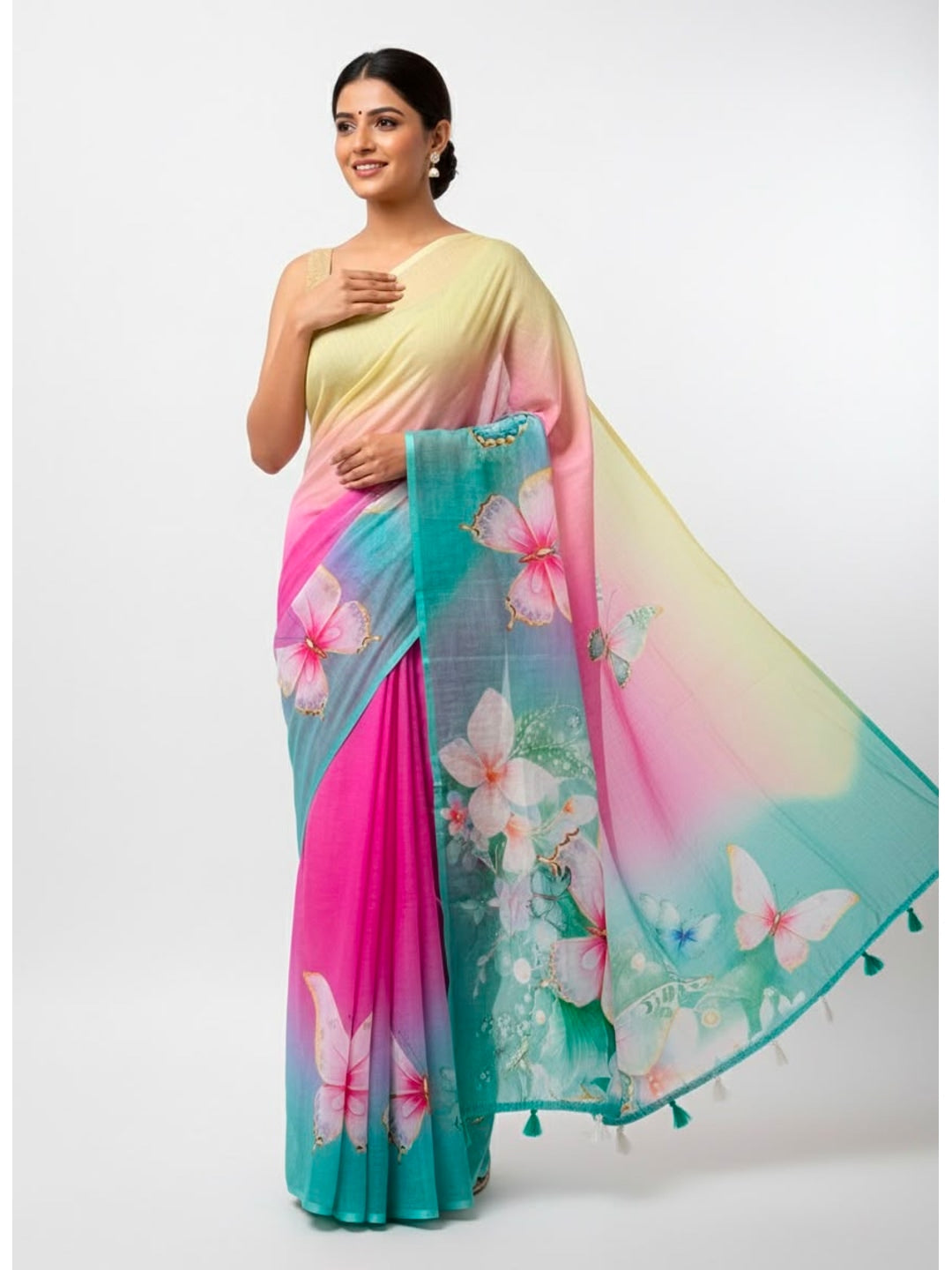 Peachmode Teal Soft Linen Saree with butterfly floral print - Image 1