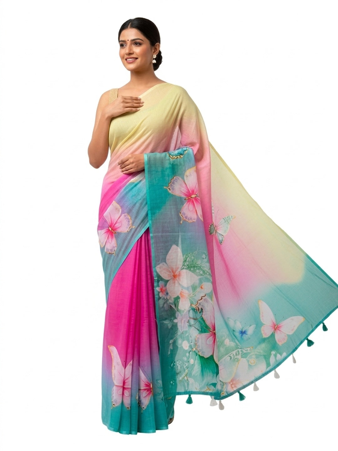 Peachmode Teal Soft Linen Saree with butterfly floral print - Image 3