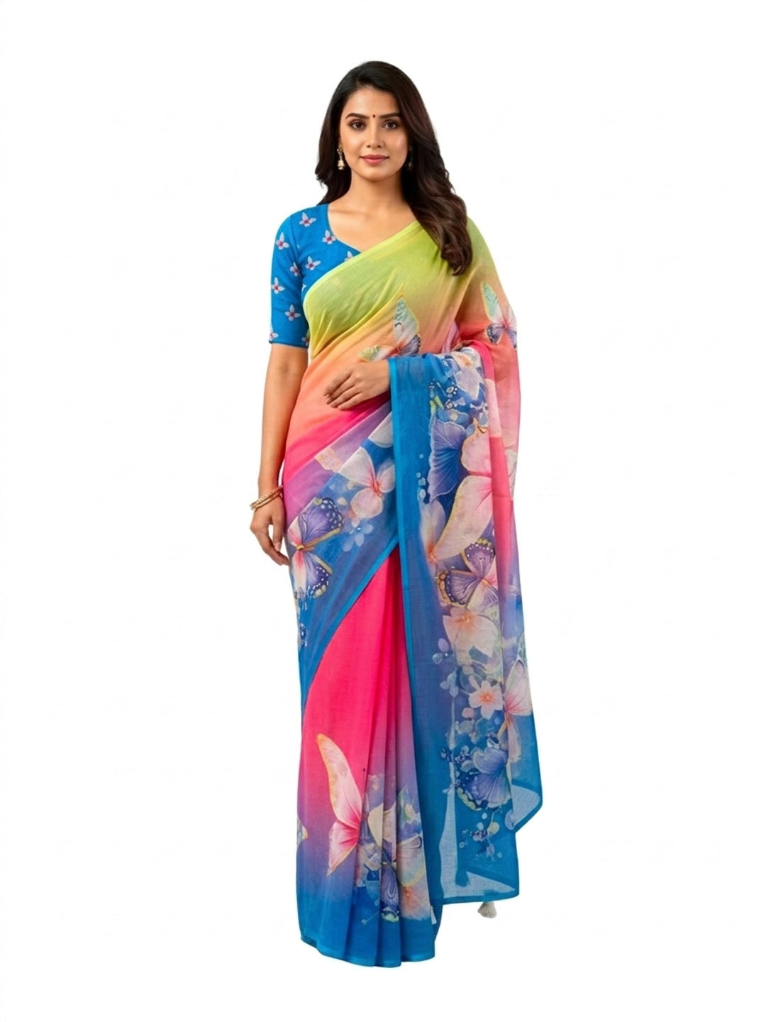 Peachmode Blue Soft Linen Saree with butterfly floral print - Image 3