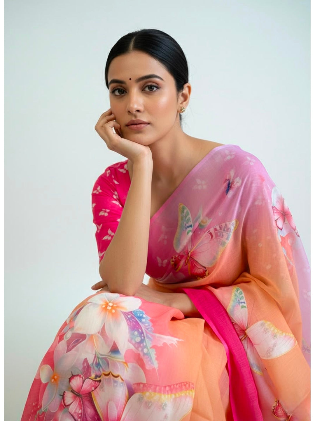 Peachmode Peach Soft Linen Saree with butterfly floral print - Image 1
