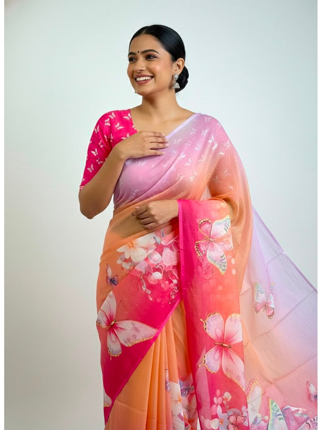 Peachmode Peach Soft Linen Saree with butterfly floral print - Image 3