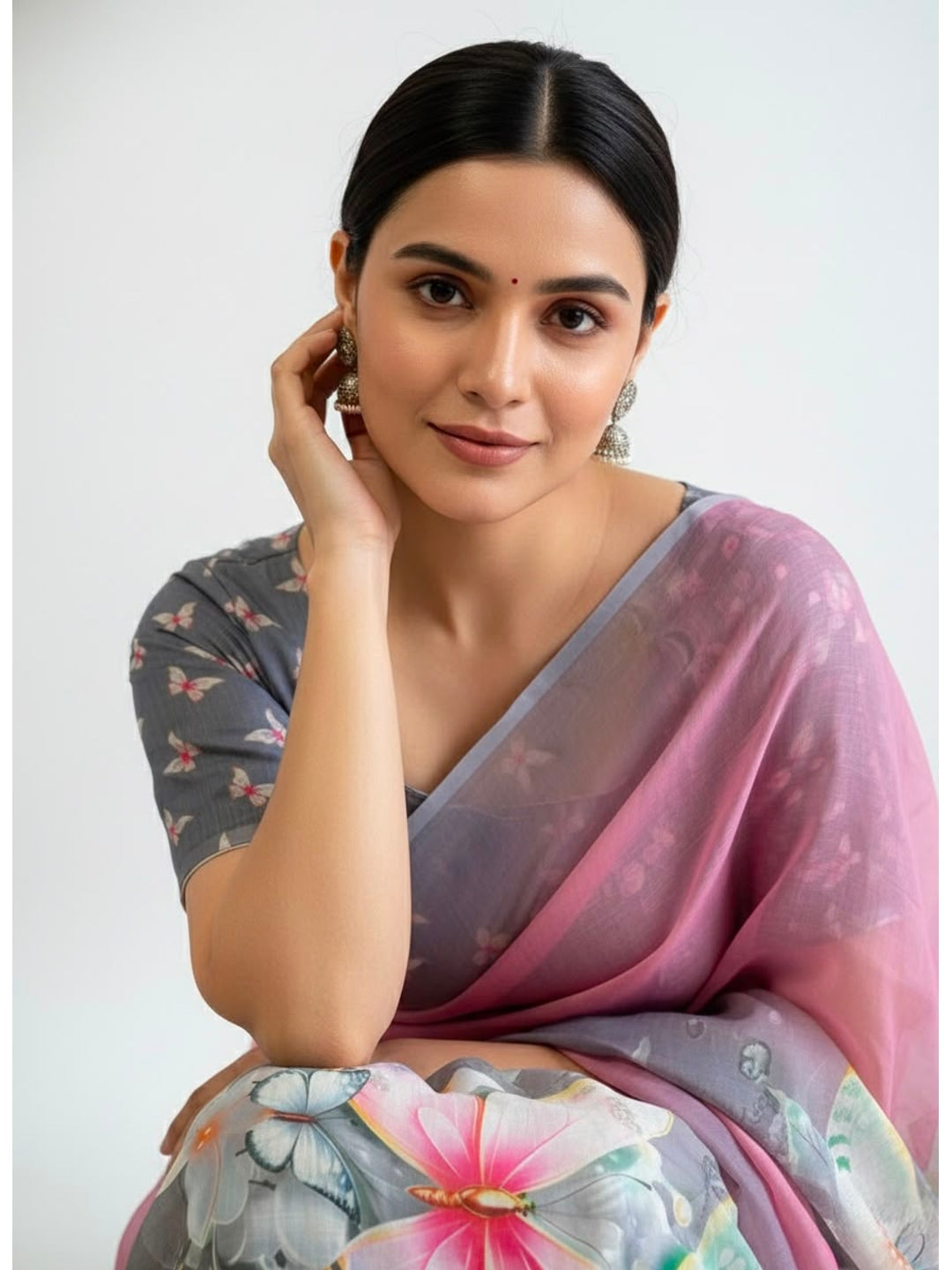 Peachmode Grey Soft Linen Saree with butterfly floral print - Image 1