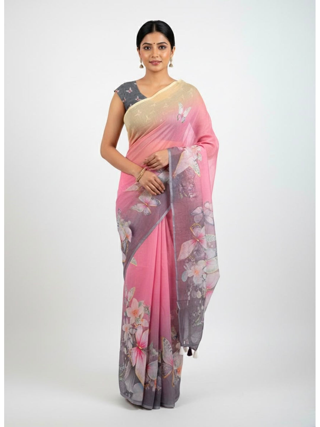 Peachmode Grey Soft Linen Saree with butterfly floral print - Image 3
