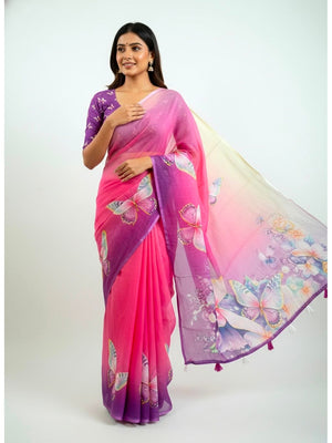 Peachmode Pink Soft Linen Saree with butterfly floral print - Image 1