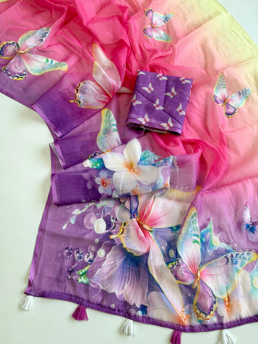 Peachmode Pink Soft Linen Saree with butterfly floral print - Image 2