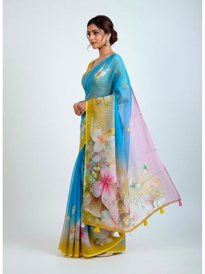 Peachmode Yellow Soft Linen Saree with butterfly floral print - Image 1