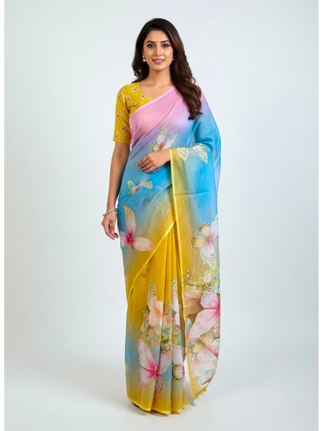 Peachmode Yellow Soft Linen Saree with butterfly floral print - Image 3