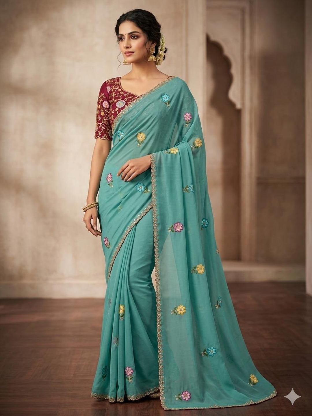 Peachmode Turquoise Georgette Saree - Image 1