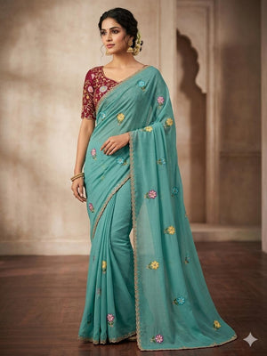 Peachmode Turquoise Georgette Saree - Image 1