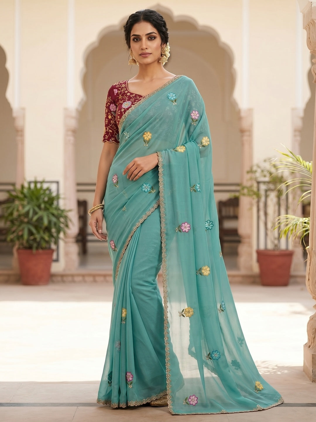 Peachmode Turquoise Georgette Saree - Image 2