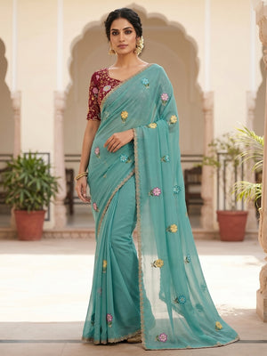Peachmode Turquoise Georgette Saree - Image 2