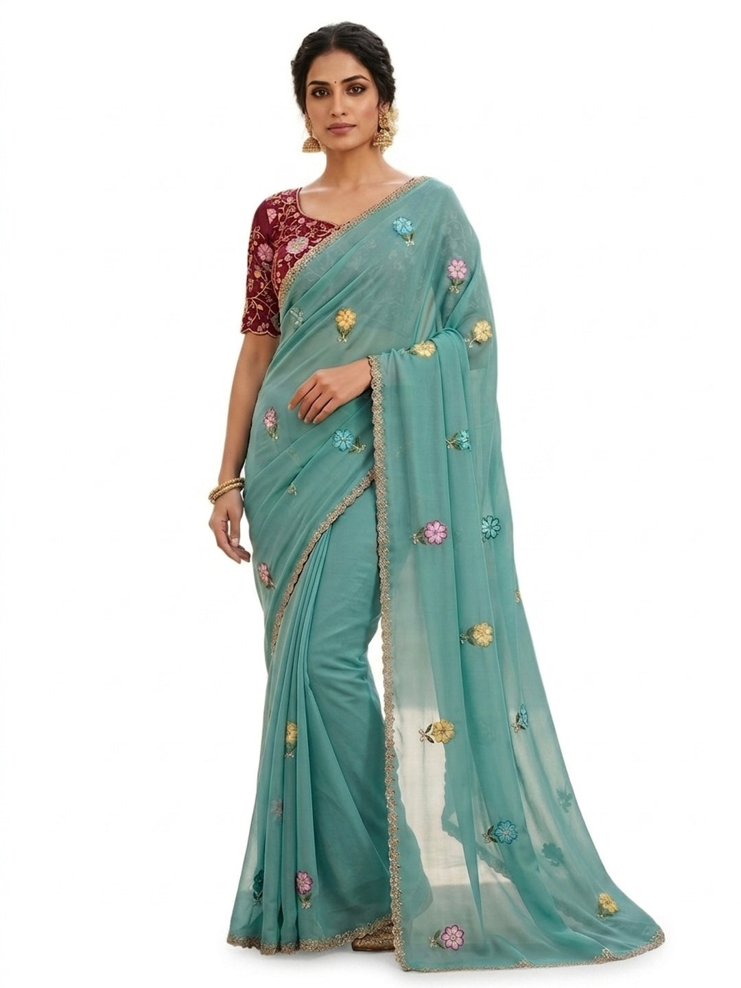 Peachmode Turquoise Georgette Saree - Image 6