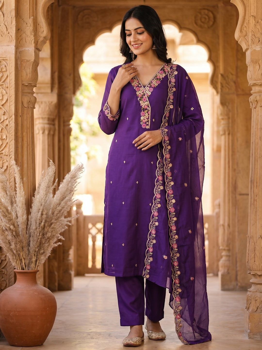 Peachmode Purple Mul Chanderi Dress Material with Floral Embroidery - Image 1