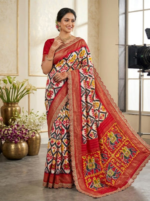 Off White & Red Ikkat Printed Dola Silk Saree With Sequins Embroidery Border - Image 1