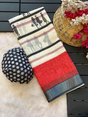 Peachmode Red Linen Striped Saree - Image 2