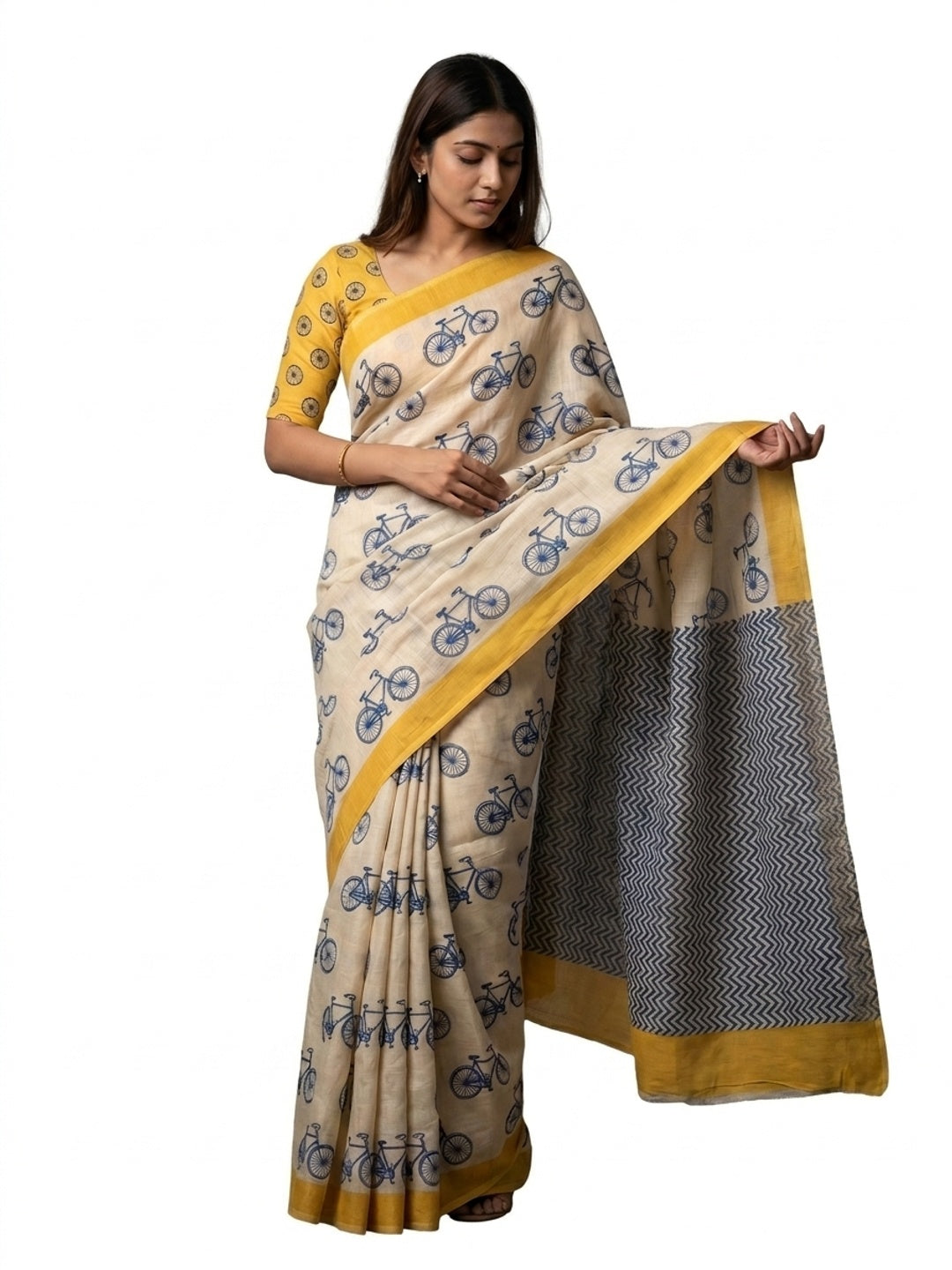 Peachmode Cream Linen Cycle Motif Saree - Image 4