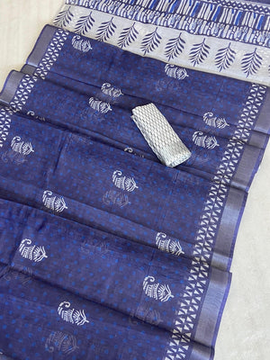 Peachmode Blue Linen Ethnic Motif Saree - Image 2