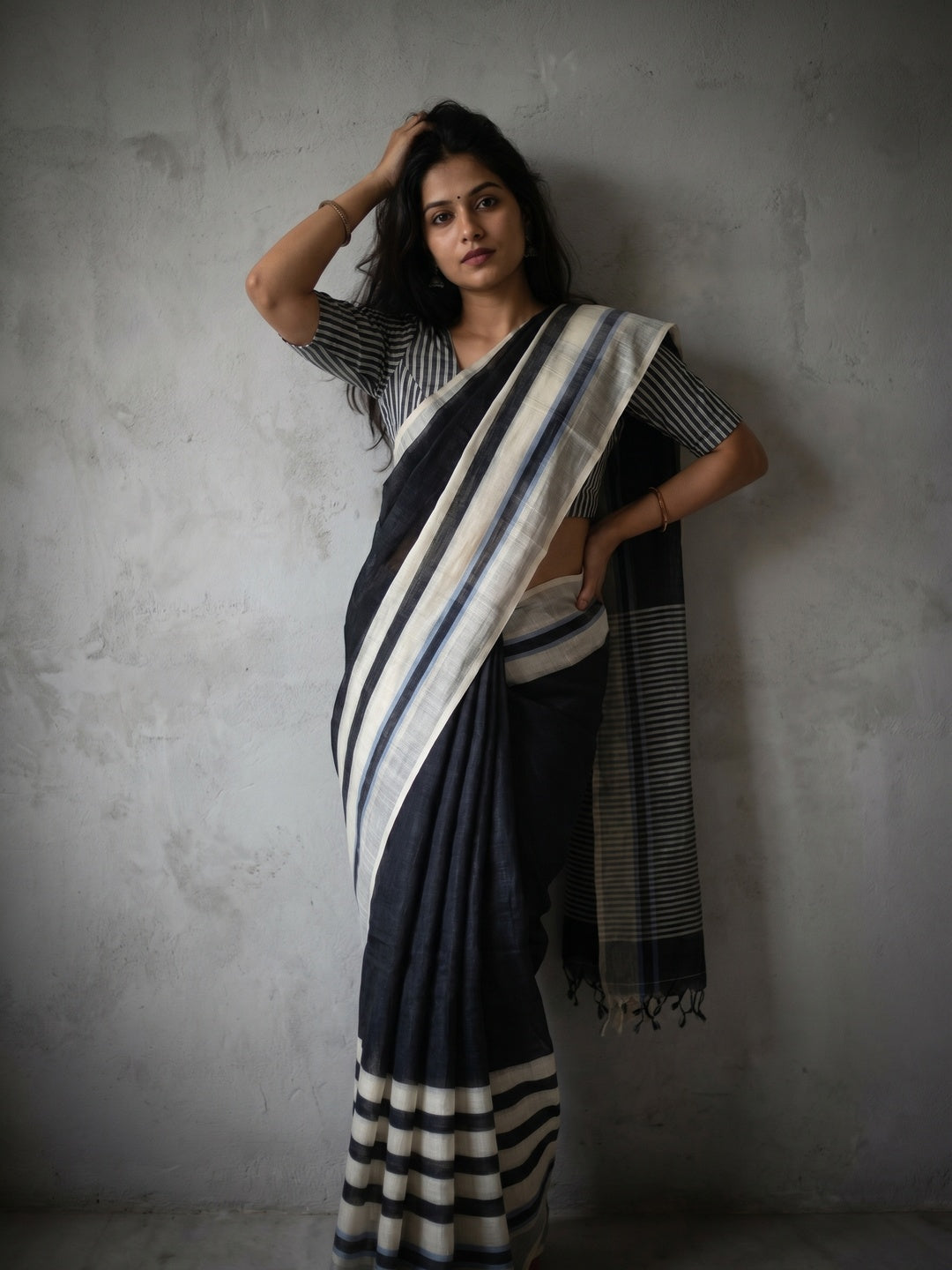 Peachmode Black Linen Striped Saree - Image 1