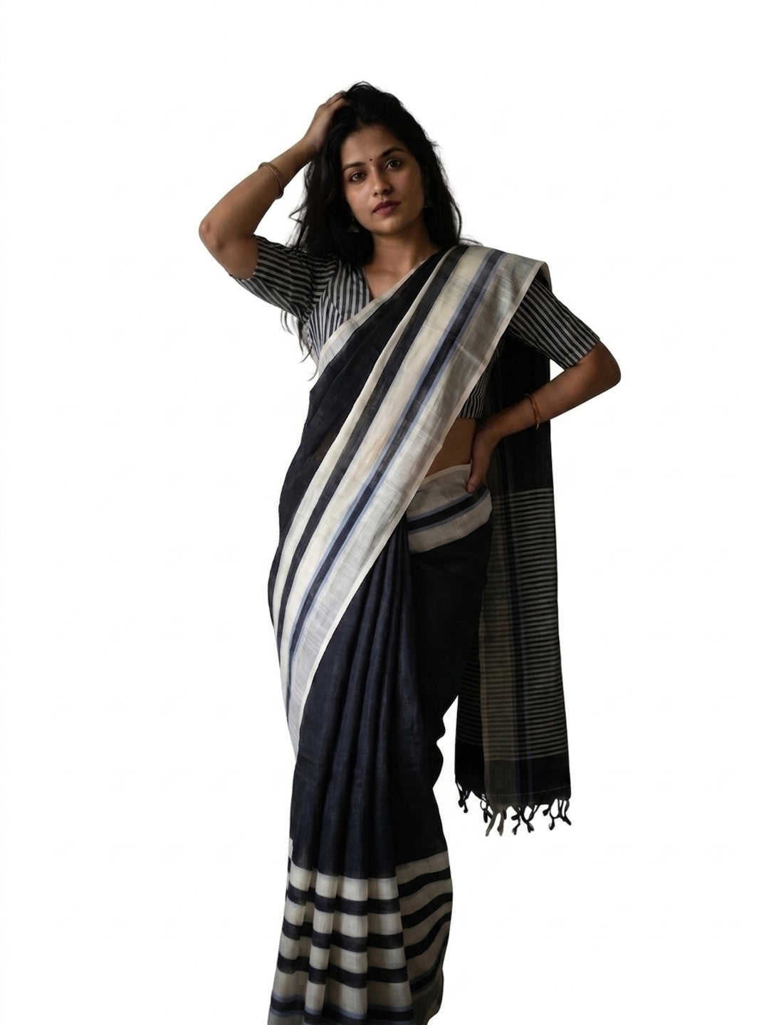 Peachmode Black Linen Striped Saree - Image 4