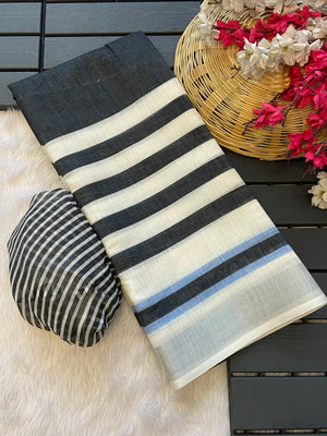 Peachmode Black Linen Striped Saree - Image 2