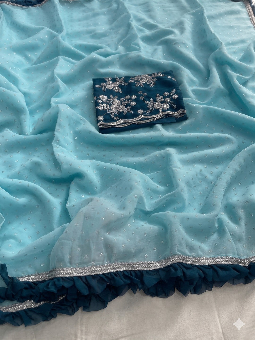 Peachmode Sky Blue Georgette Floral Print Frill Lace Saree - Image 2