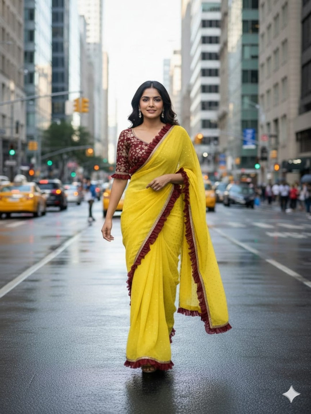 Peachmode Yellow Georgette Floral Print Frill Lace Saree - Image 1