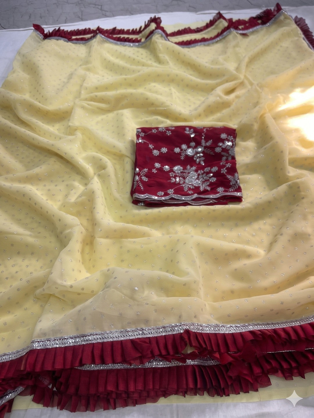 Peachmode Yellow Georgette Floral Print Frill Lace Saree - Image 2