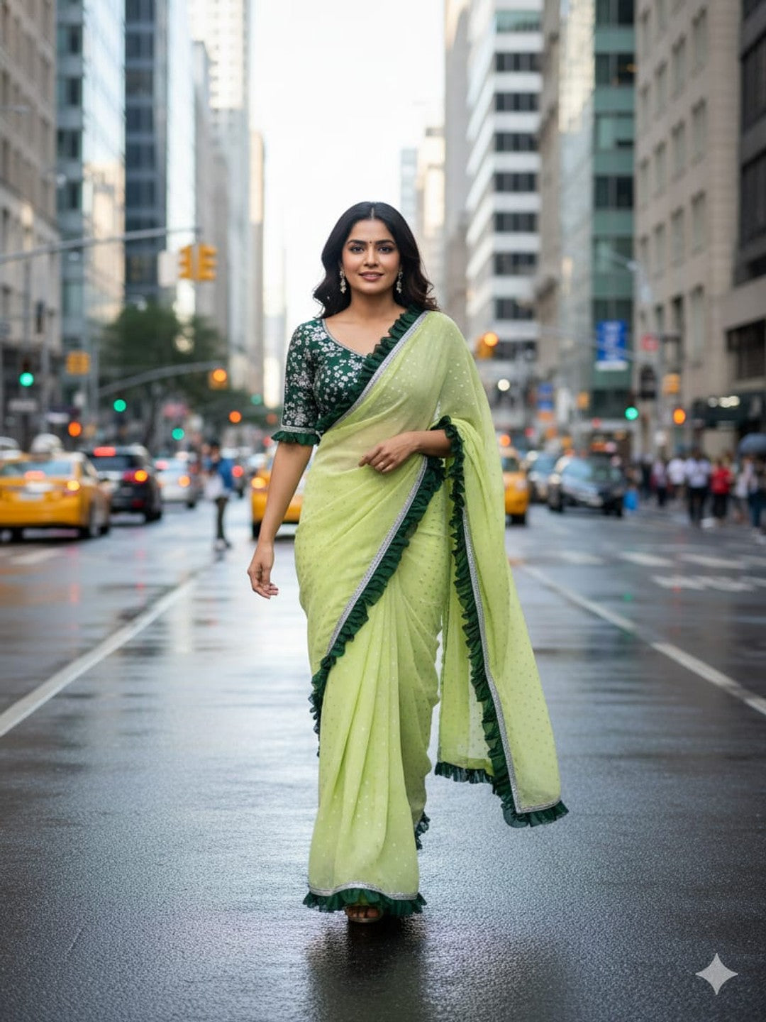 Peachmode Green Georgette Floral Print Frill Lace Saree - Image 1