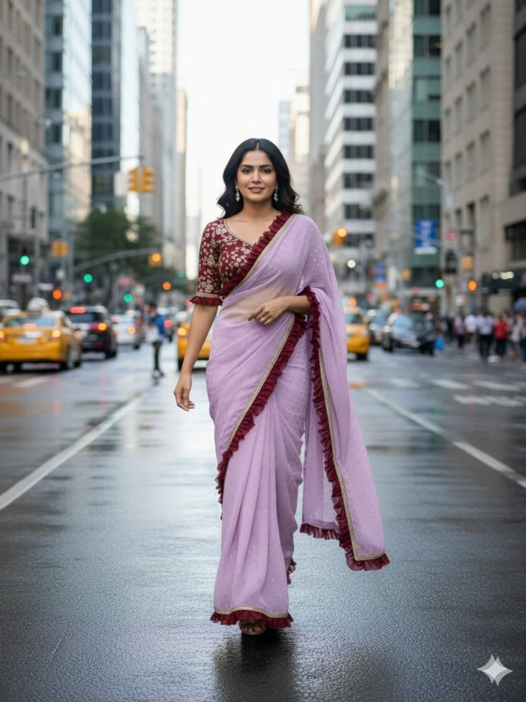 Peachmode Lilac Georgette Floral Print Frill Lace Saree - Image 1