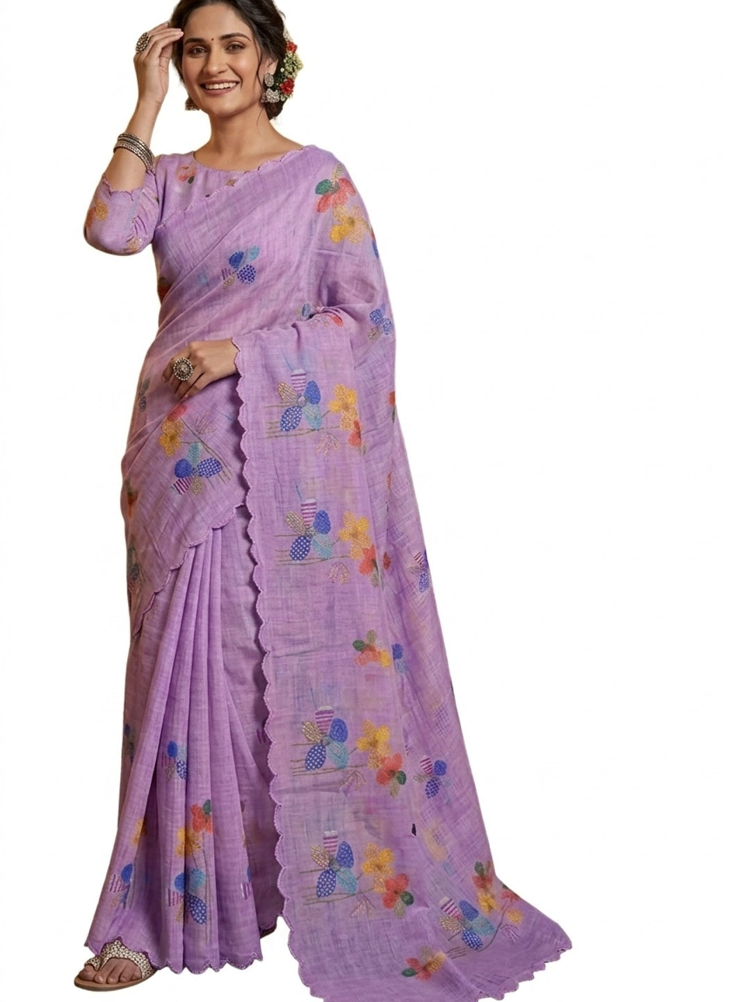 Peachmode Pink Linen Floral Print Saree with Cut Work Border - Image 5