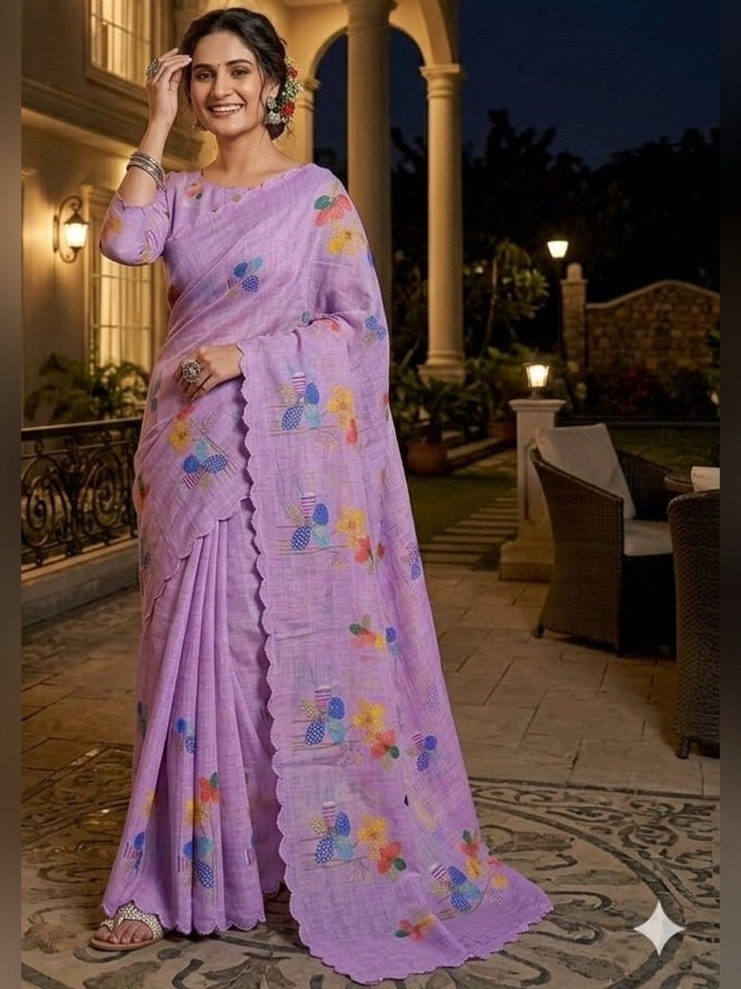 Peachmode Pink Linen Floral Print Saree with Cut Work Border - Image 1