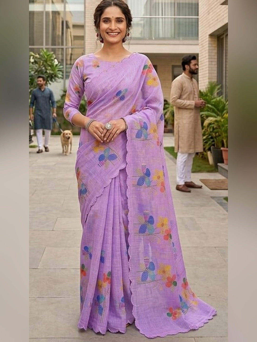 Peachmode Pink Linen Floral Print Saree with Cut Work Border - Image 2