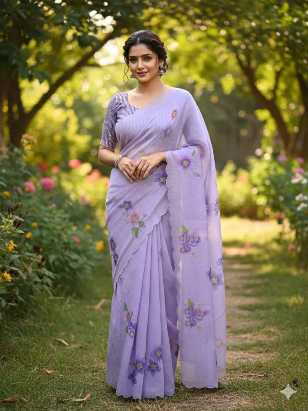 Peachmode Lilac Linen Floral Print Saree with Cut Work Border - Image 1