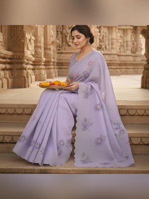 Peachmode Lilac Linen Floral Print Saree with Cut Work Border - Image 2