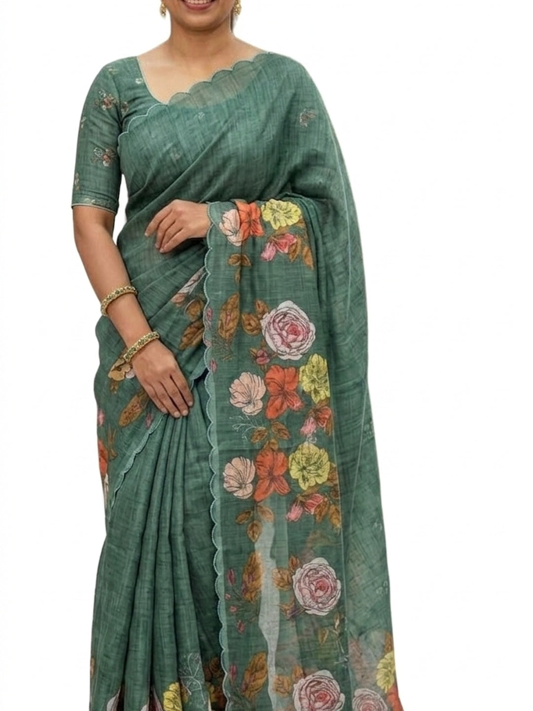 Peachmode Green Linen Floral Print Saree with Cut Work Border - Image 5