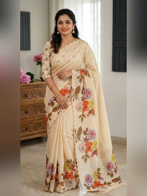 Peachmode Cream Linen Floral Print Saree with Cut Work Border - Image 2
