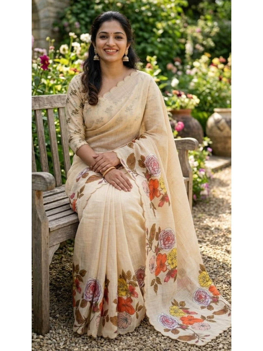 Peachmode Cream Linen Floral Print Saree with Cut Work Border - Image 3