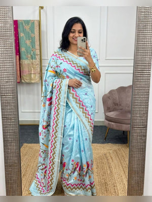 Peachmode Sky Blue Mul Cotton Kalamkari Print Saree - Image 1
