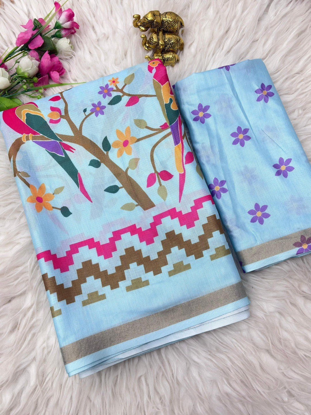 Peachmode Sky Blue Mul Cotton Kalamkari Print Saree - Image 3