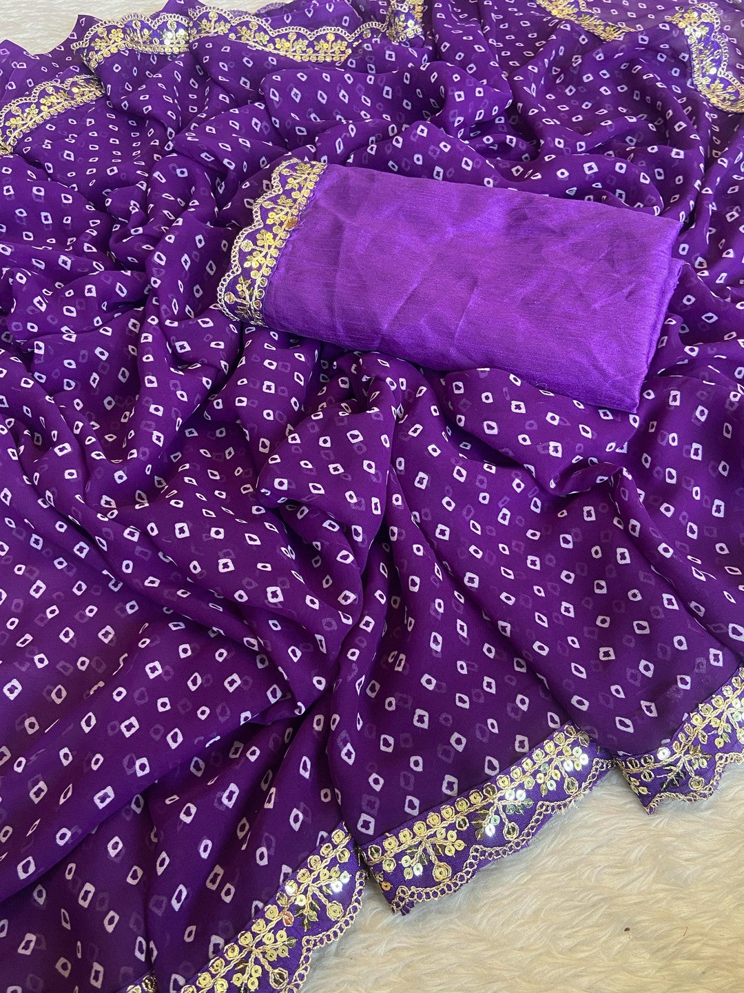 Peachmode Purple Georgette Bandhani Saree with Sequins Lace Border - Image 3
