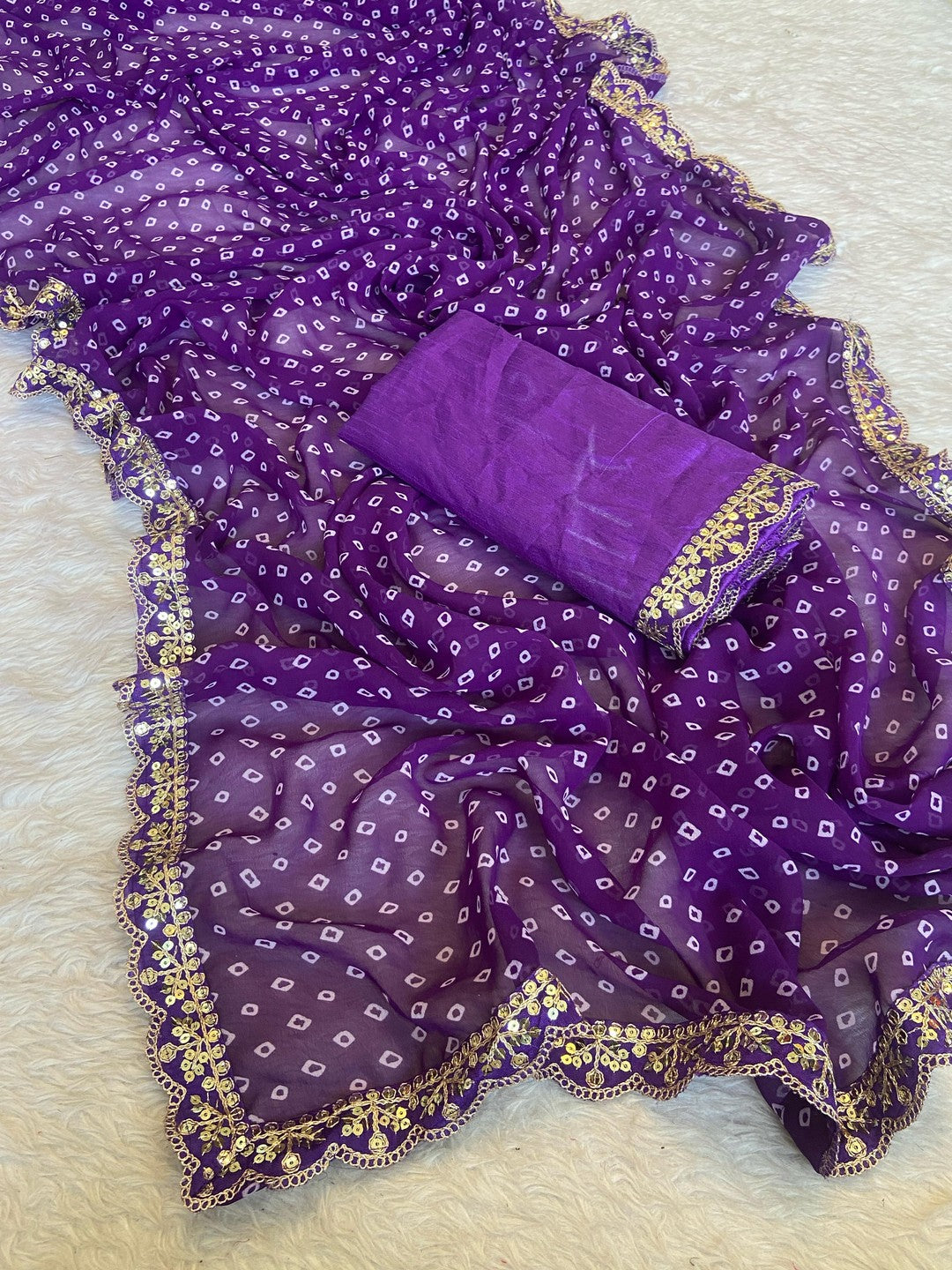 Peachmode Purple Georgette Bandhani Saree with Sequins Lace Border - Image 4