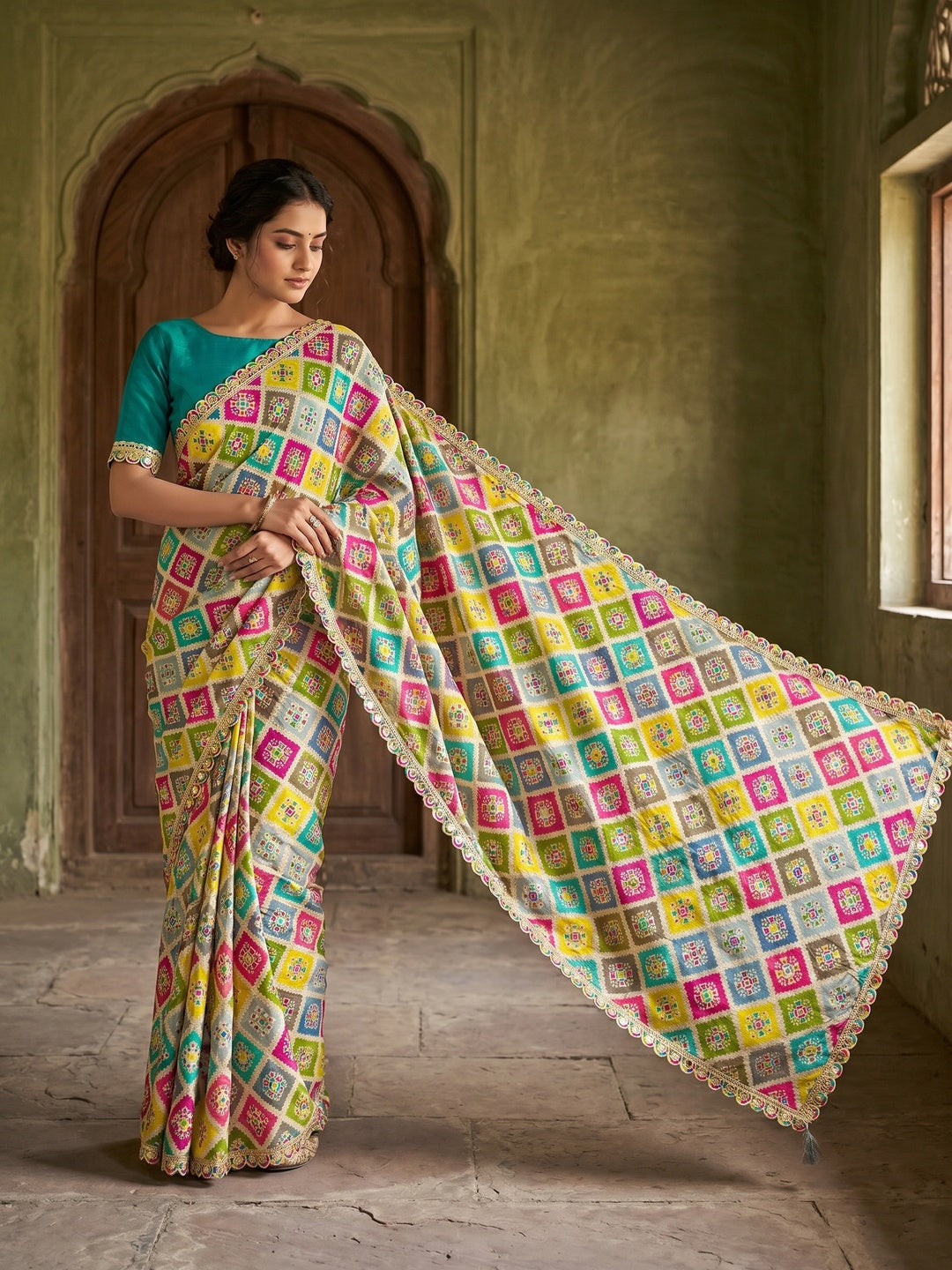 Peachmode Multicolor Chinon Silk Bandhani Print Saree - Image 1