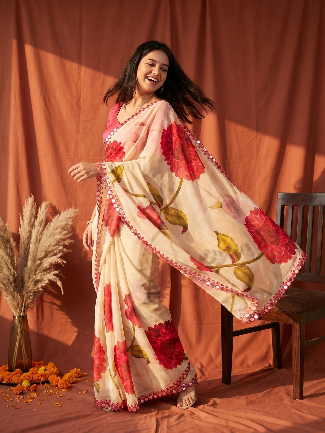 Peachmode Cream Georgette Floral Mirror Work Saree - Image 1