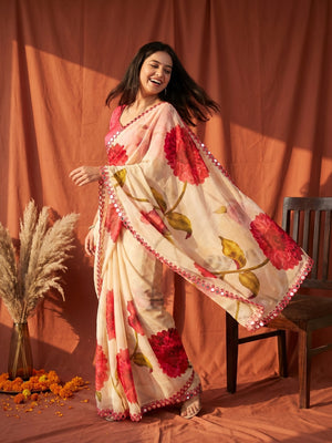 Peachmode Cream Georgette Floral Mirror Work Saree - Image 1