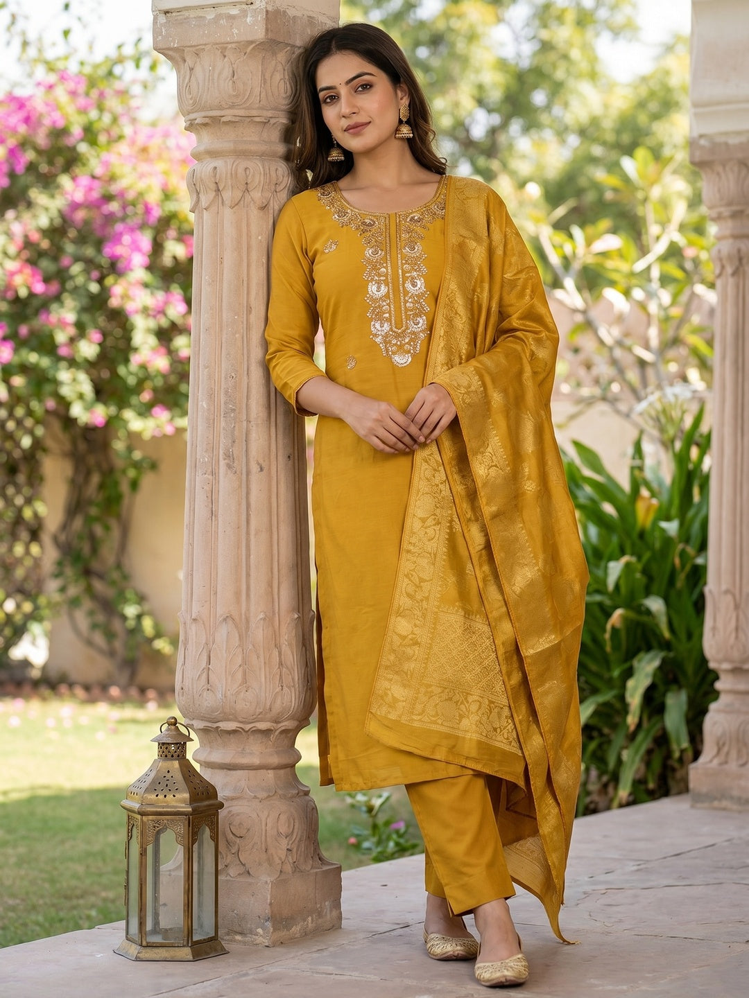 Mustard Shimmer Unstitched Dress Material with Exquisite Sequins Work - Image 1