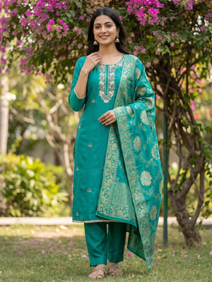 Rama Green Shimmer Unstitched Dress Material with Exquisite Sequins Work - Image 1