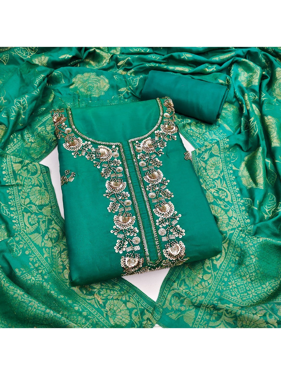 Rama Green Shimmer Unstitched Dress Material with Exquisite Sequins Work - Image 2