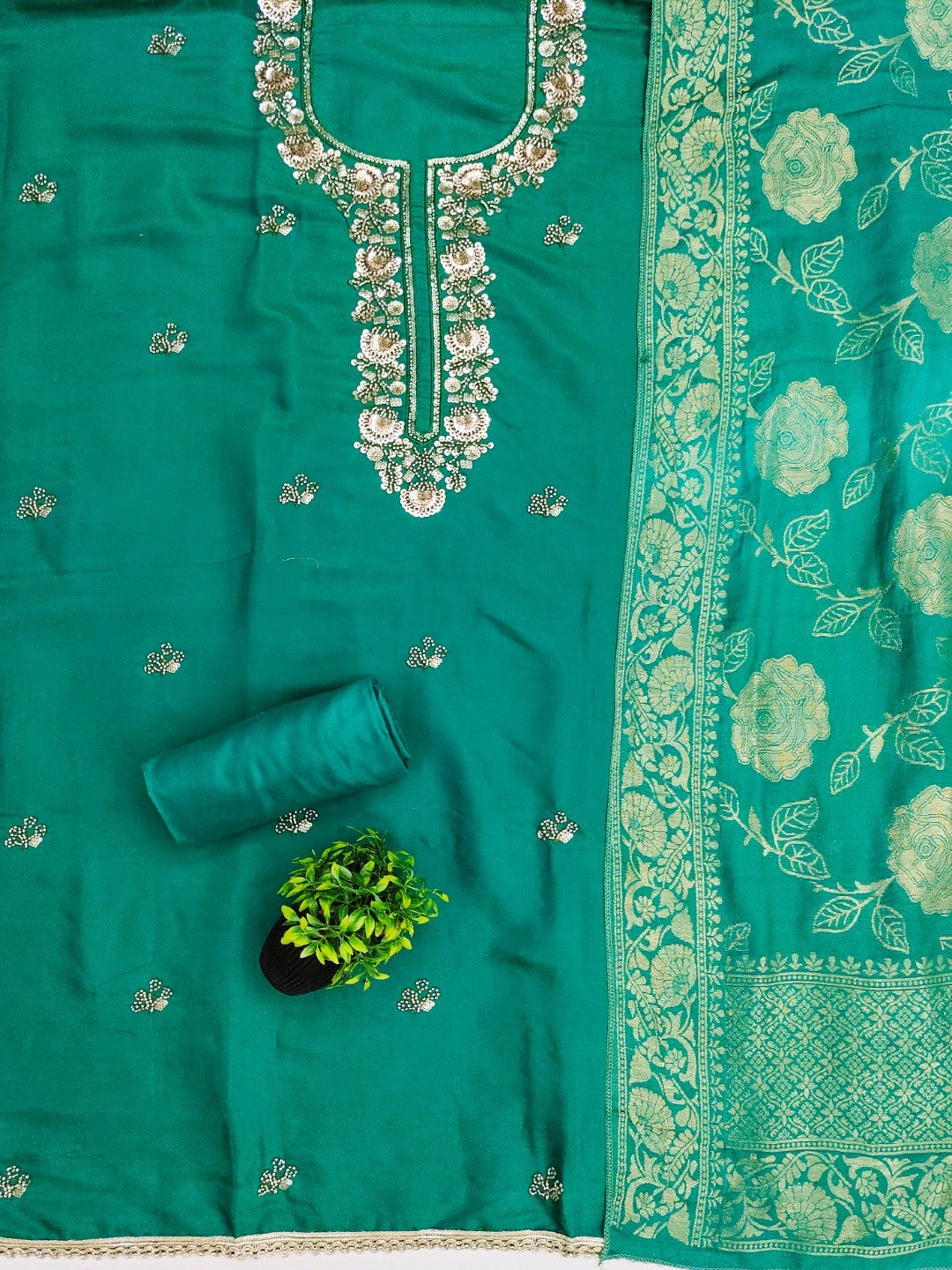Rama Green Shimmer Unstitched Dress Material with Exquisite Sequins Work - Image 3
