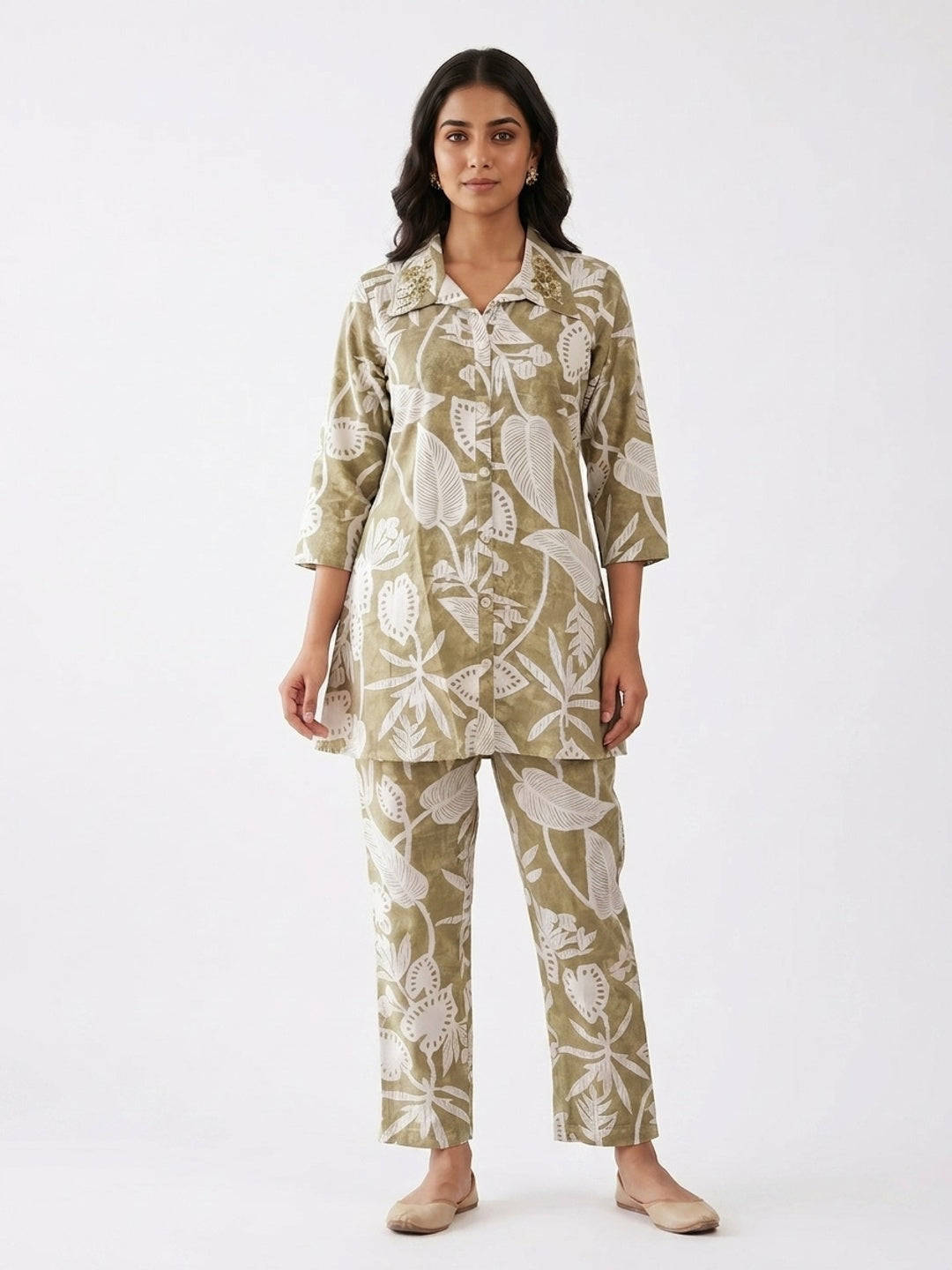 Olive Pure Cotton Botanical Printed Top Bottom Set - Image 3